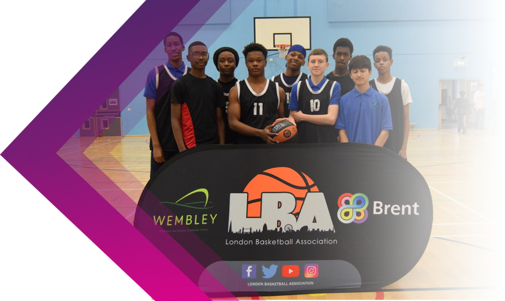 A group of young basketball players pose in a gym behind a sign for the London Basketball Association, featuring Wembley and Brent logos—a moment captured for the MEMCYCO Case Study.