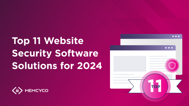 Graphic featuring the text “Top 11 Website Security Software Solutions for 2024,” two web page icons, a shield, and a “Top 11” badge on a pink geometric background.