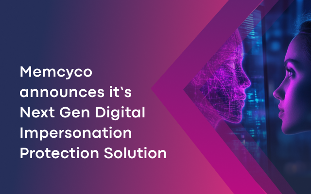 A woman faces a digital profile with text announcing Memcyco's Next Gen Digital Impersonation Protection Solution for real-time fraud prevention on a purple gradient background.