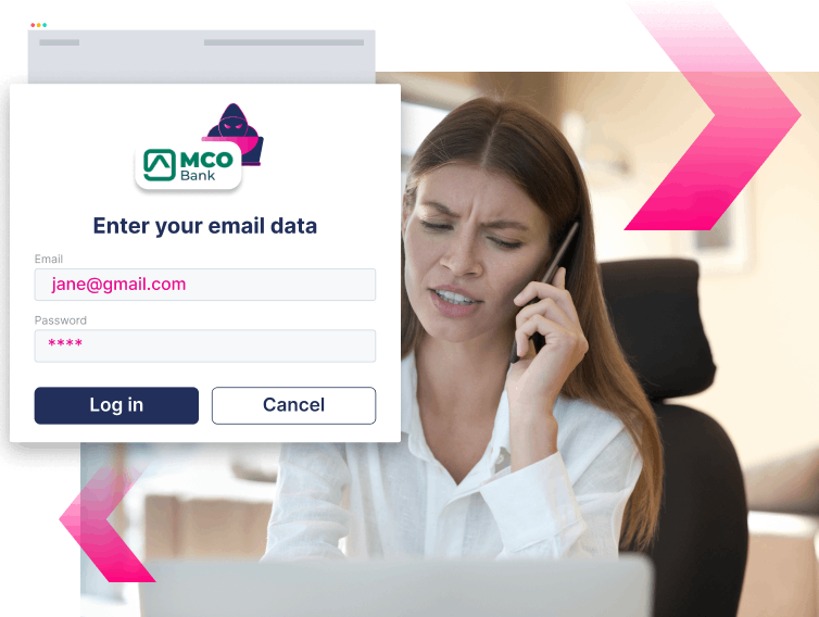 A woman on the phone looks concerned while a suspicious banking login screen asking for email and password is displayed in the foreground—highlighting the urgent need to stop more ATOs.