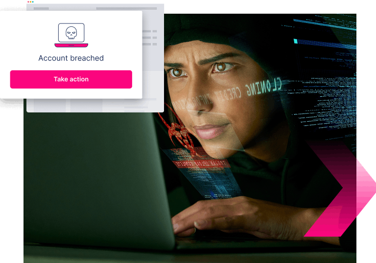 A person in a dark hoodie uses a laptop, overlaid with code graphics. A pop-up onscreen shows "Account breached" and a pink "Take action" button—highlighting the urgent need to stop more ATOs.