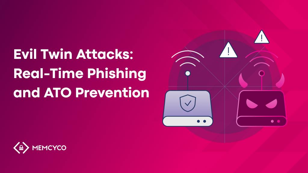Two router icons, one normal and one with devil horns, are shown with alert symbols on a pink background, illustrating Evil Twin attack prevention. Text reads: "Evil Twin Attacks: Real-Time Phishing and ATO Prevention.