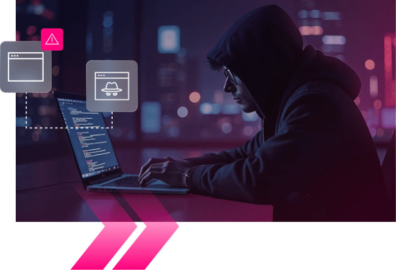 A person in a hoodie uses a laptop in a dark room, with digital icons representing cybersecurity threats—such as those targeting online banking—displayed on the image.