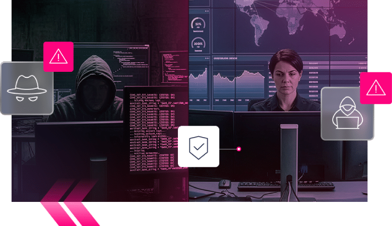 A hooded figure faces computer screens with code, while a woman monitors banking data on other screens; security and cyber threat icons overlay the image.