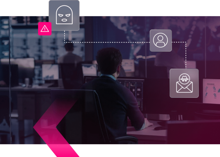 A person sits at a computer in a dark office, with digital icons representing a hacker, a banking user, and an email, connected by dotted lines overlaying the image.