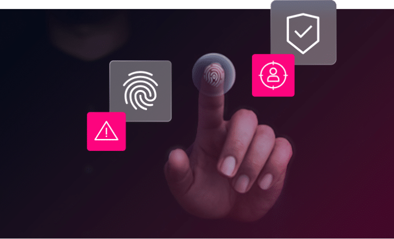 A hand presses a digital fingerprint icon on a screen, with icons for alert, user, and security displayed nearby—illustrating advanced banking authentication.