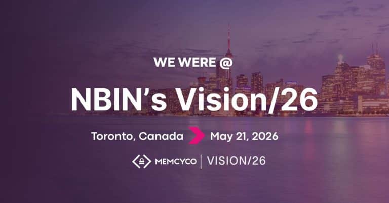 Event banner reads: “We were @ NBIN’s Vision/26, Toronto, Canada, May 21, 2026” with the city skyline in the background and logos for Memcyco at NBIN’s Vision/26 and Vision/26 at the bottom.
