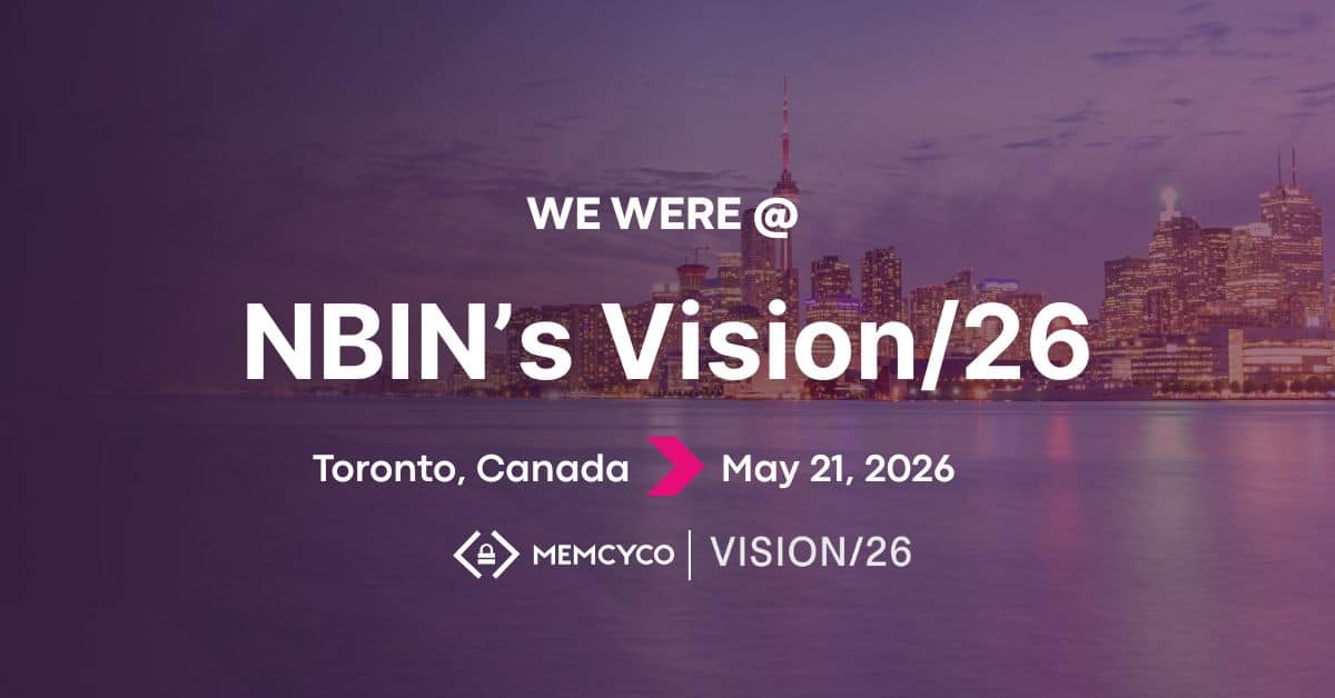 Event banner reads: “We were @ NBIN’s Vision/26, Toronto, Canada, May 21, 2026” with the city skyline in the background and logos for Memcyco at NBIN’s Vision/26 and Vision/26 at the bottom.