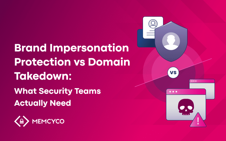 A graphic illustrates the differences between Brand Impersonation Protection and Domain Takedown for security teams, featuring shield, login, and skull icons on a pink background.