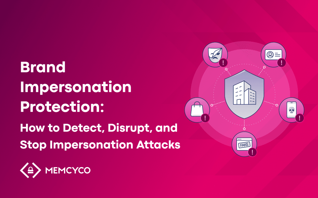 Illustration on a pink background showing brand impersonation protection tips, with a shield icon and warning symbols around it, plus text about detecting and stopping brand impersonation attacks.