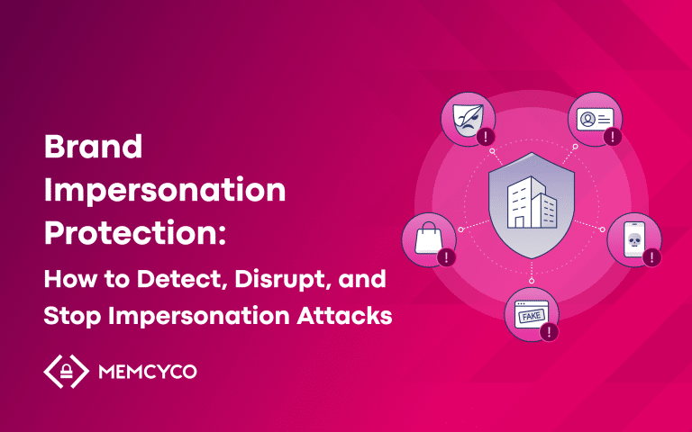 Illustration on a pink background showing brand impersonation protection tips, with a shield icon and warning symbols around it, plus text about detecting and stopping brand impersonation attacks.