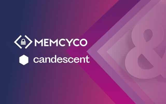 Memcyco partners with Candescent, as seen in their logos displayed on a striking purple and pink geometric background.