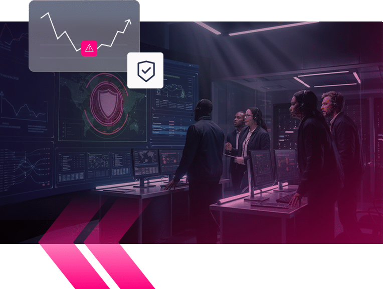 Five people stand in a dark control room, monitoring multiple computer screens displaying graphs and security data related to Airlines Fraud. An overlay shows an upward graph and a shield icon, emphasizing their efforts to detect and prevent fraudulent activities within the airline industry.