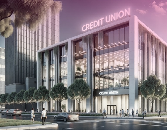 Modern glass-front credit union building with large windows, surrounded by trees and people walking on the sidewalk; cars drive by on the street in front, creating a welcoming environment for convenient banking.