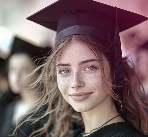 Young woman wearing a graduation cap and gown smiles at the camera during a graduation ceremony, with other graduates blurred in the background, ready to embark on her journey into the world of banking.