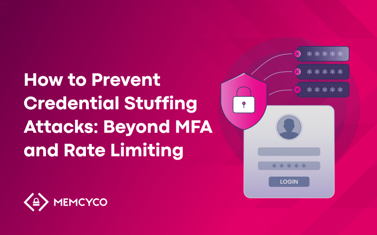 Text reads “How to Prevent Credential Stuffing Attacks: Beyond MFA and Rate Limiting” with security icons on a pink background, highlighting essential strategies to prevent attacks. MEMCYCO logo at the bottom left.