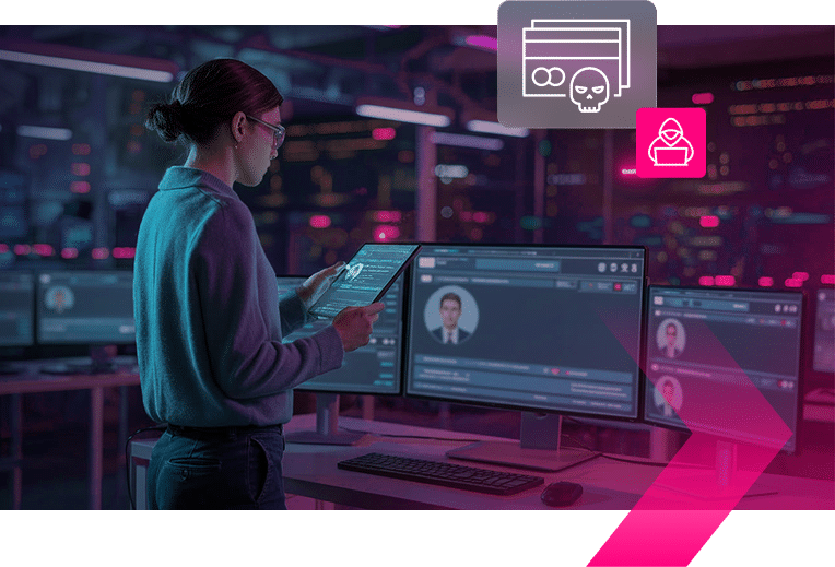 A person stands in front of multiple monitors and holds a tablet, analyzing digital profiles in a neon-lit control room. Icons above suggest cybersecurity or threat analysis, with a particular focus on detecting Airlines Fraud.