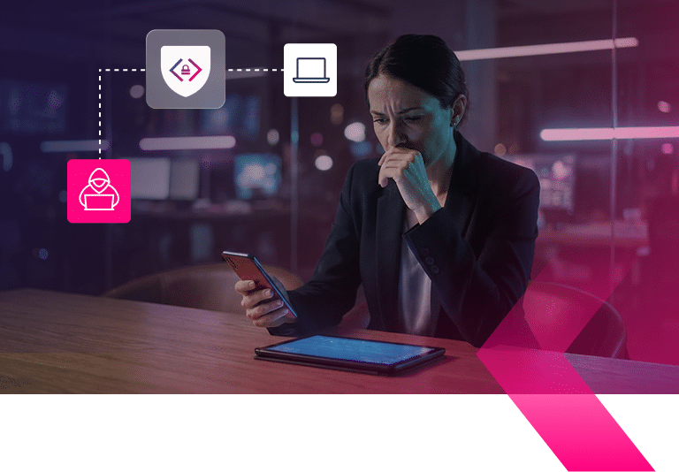 A woman sits at a desk looking at her phone, appearing worried; digital security icons and a tablet are visible, with a pink and purple overlay, illustrating growing concerns about Airlines Fraud.