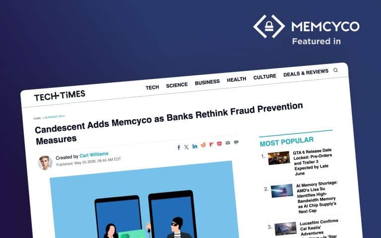 A Tech Times article, titled “Candescent Adds Memcyco as Banks Rethink Fraud Prevention Measures,” is shown on a computer screen, showcasing how financial institutions are considering new technologies to stay ahead of evolving threats.