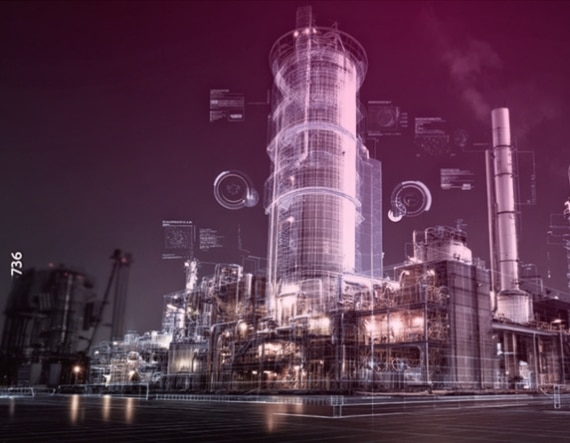 A large industrial plant with digital overlays and diagrams highlighting structures and machinery—mirroring the precision of modern banking systems—set against a dark sky with a purple tint.