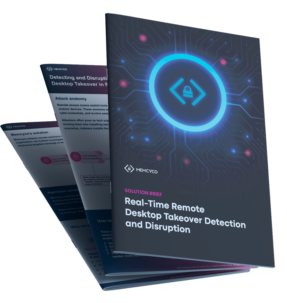 Three overlapping brochures titled “Real-Time Remote Desktop Takeover Detection and Disruption,” featuring a digital lock graphic and in-depth technical content inside, highlight robust solutions for remote desktop takeover threats.