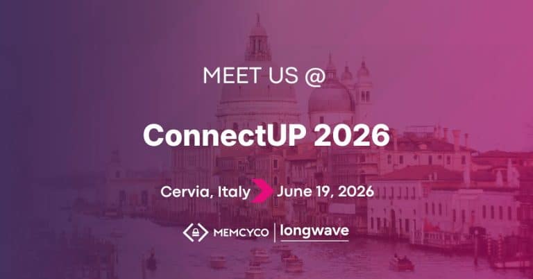 Purple graphic with white text: “Meet Us @ ConnectUP 2026, Cervia, Italy, June 19, 2026.” Memcyco at ConnectUP 2026 and Longwave logos below; faded Venice buildings in background.