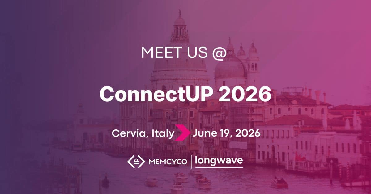 Purple graphic with white text: “Meet Us @ ConnectUP 2026, Cervia, Italy, June 19, 2026.” Memcyco at ConnectUP 2026 and Longwave logos below; faded Venice buildings in background.
