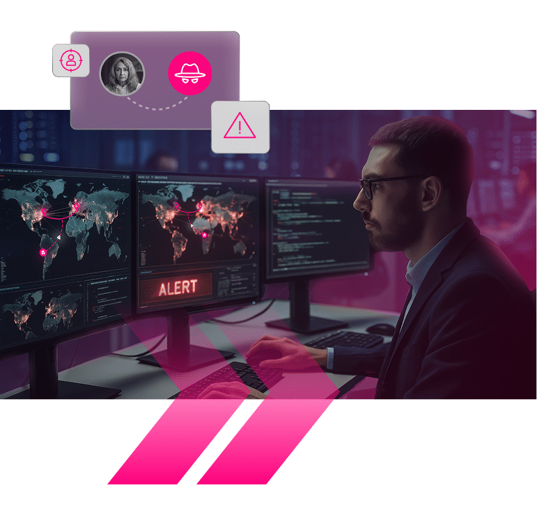 A person monitors multiple computer screens displaying world maps and alerts, with digital icons indicating a security threat such as a remote desktop takeover or cyber attack.