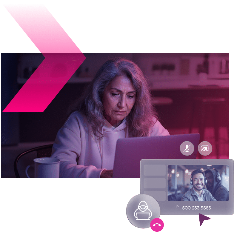 An older woman sits at a table using a laptop, with a pink gradient overlay and a digital video call interface displayed in the corner, suggesting a possible remote desktop takeover scenario.