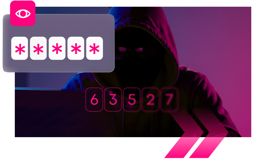 A person in a hoodie sits at a computer with a password and numbers overlaid, suggesting cybersecurity threats such as remote desktop takeover or hacking.