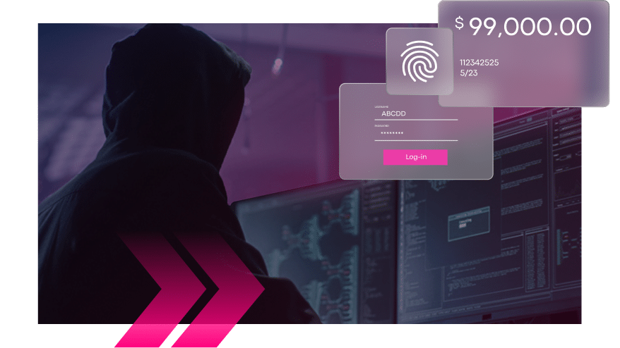 A hooded figure sits at multiple computer screens, with overlays revealing a login form and a $99,000 bank balance—an ominous hint at remote desktop takeover in progress.