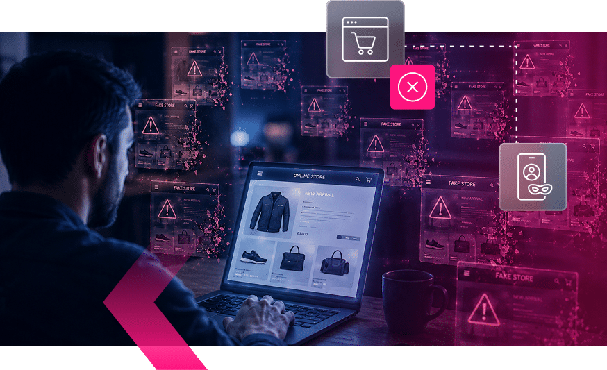 A person uses a laptop to view an Ecommerce site. Digital warning icons and alerts for fraud and security issues are overlaid on the image, highlighting the importance of security in online Retail.
