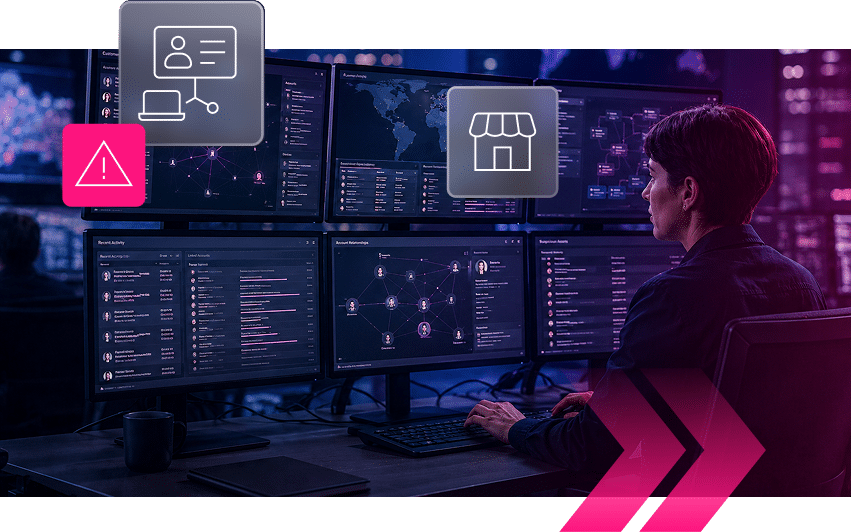 A person monitors multiple data dashboards on large screens in a dark control room, with overlay icons representing alerts, communication, and business operations—essential for managing Ecommerce and Retail environments efficiently.