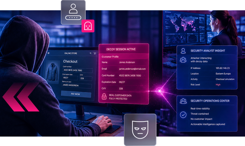 A person in a hoodie uses a computer in a dark room with highlighted screens showing cybersecurity data, customer info, and security alerts related to ecommerce and retail activities.