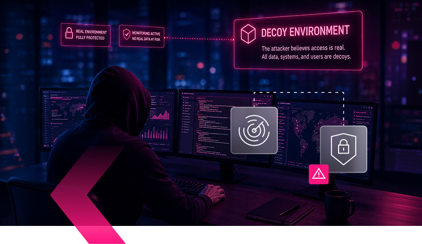 Person in a dark hoodie works at multiple monitors displaying security and decoy environment graphics, highlighting cybersecurity and threat detection concepts vital for retail and ecommerce environments.