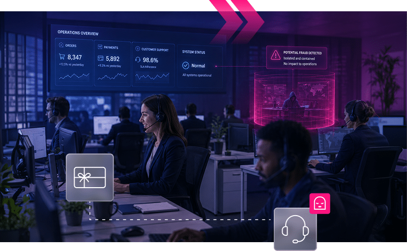 Customer service agents work at computers in a dark office with data dashboards on screens and a highlighted alert for a potential failure detected in retail and ecommerce system operations.