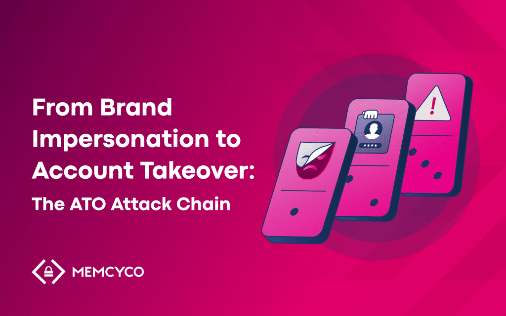 Three pink smartphones display warning, Brand Impersonation, and profile icons next to the text: “From Brand Impersonation to Account Takeover: The ATO Attack Chain.” Memcyco logo is shown.