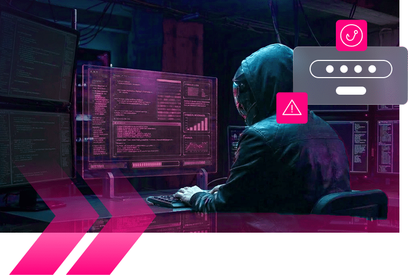 Person in a hoodie sits at a desk with multiple monitors displaying code, surrounded by digital icons representing cybersecurity, warnings, and hints of Airlines Fraud.