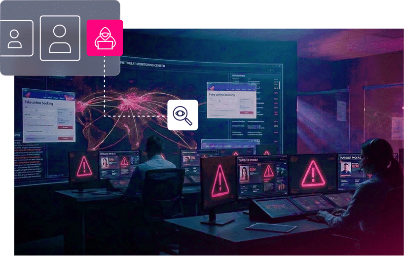 Security analysts in a monitoring center review alerts and global threat data on multiple screens, with icons indicating user, phishing activities, and potential Airlines Fraud.