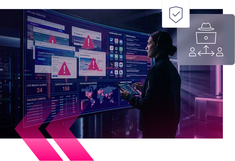 A person in a dark room monitors multiple digital screens displaying security alerts, data, and maps, indicating cybersecurity threats such as Airlines Fraud and other suspicious online activities.