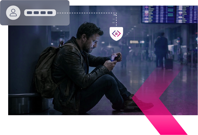 A man with a backpack sits on an airport floor using his phone, with digital graphics and a flight information board visible in the background—perhaps checking updates to stay vigilant against possible airlines fraud.