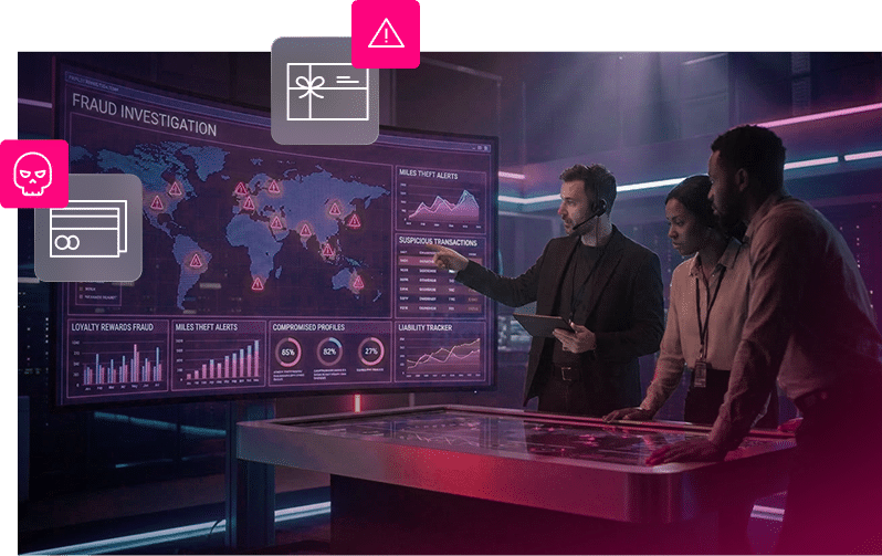 Three people examine a large digital screen displaying a world map, data, and graphics related to an Airlines Fraud investigation inside a dark, modern control room.