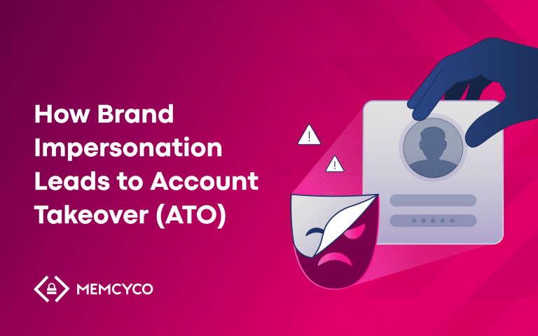 A graphic showing a mask, warning icons, and a hand holding a profile image to illustrate brand impersonation and ATO (account takeover), with MEMCYCO branding on a pink background.
