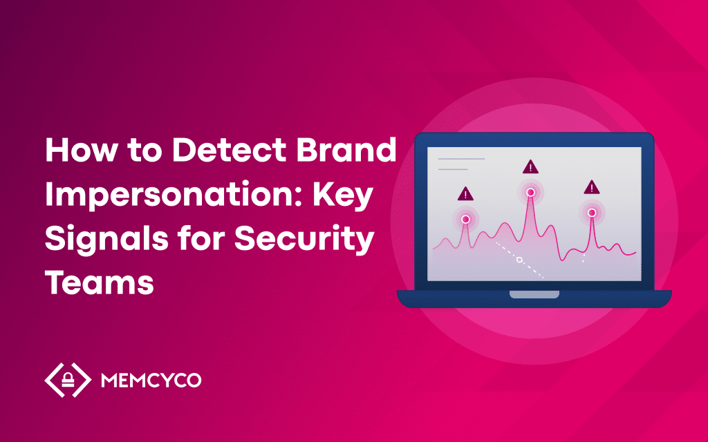 A laptop displays warning symbols and a graph next to text about how security teams can detect brand impersonation signals.