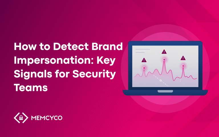A laptop displays warning symbols and a graph next to text about how security teams can detect brand impersonation signals.