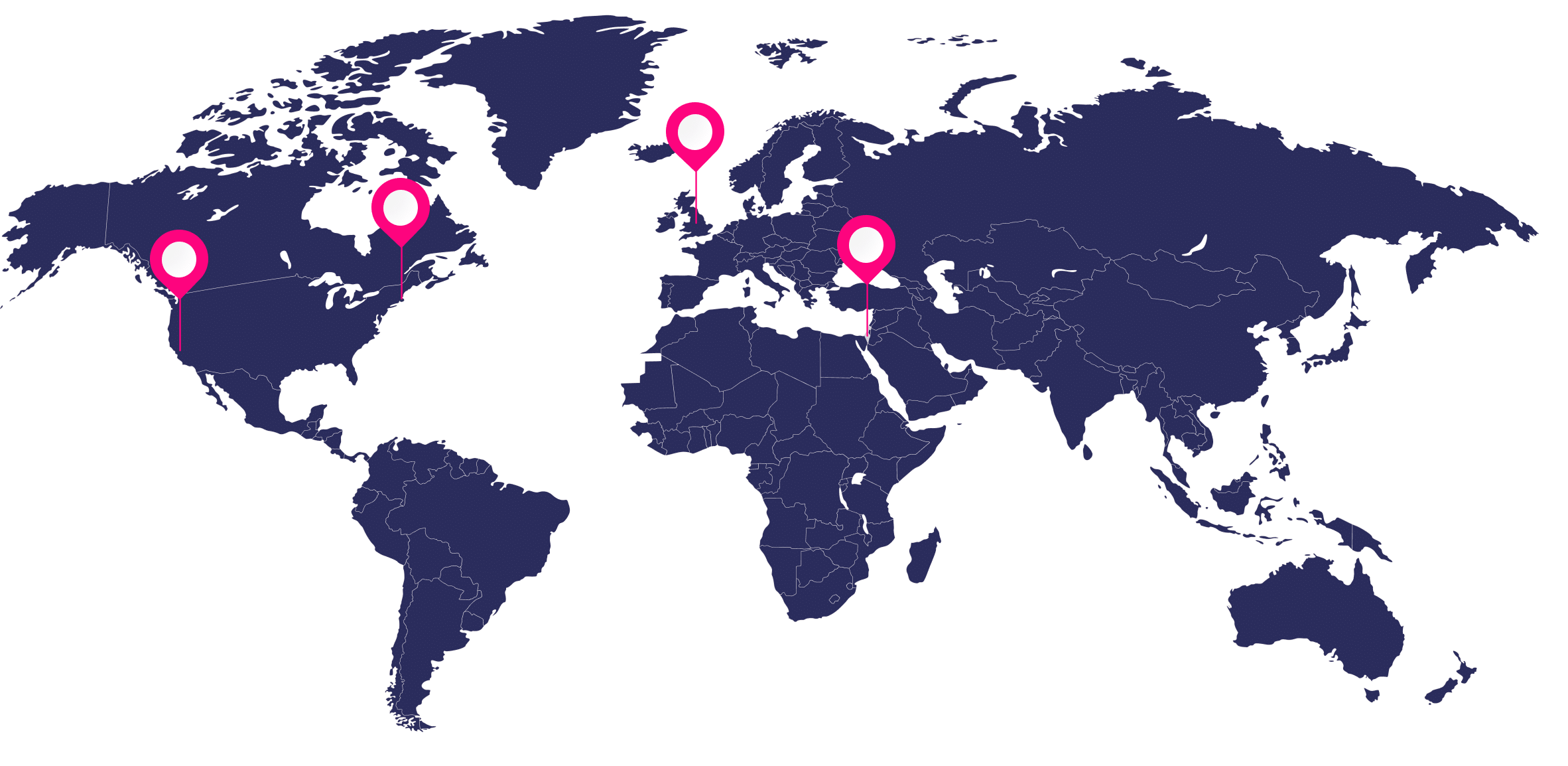 A world map with four pink location markers in western Canada, central Canada, western Europe, and northern Europe.