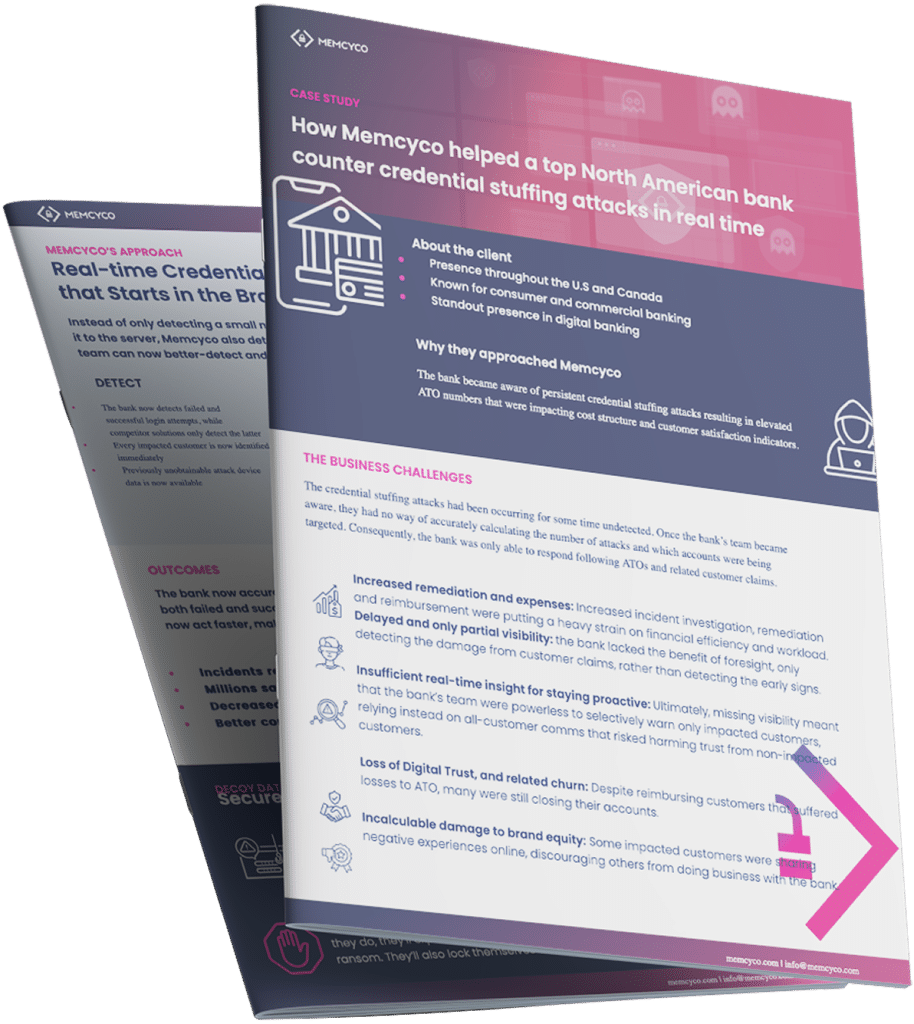 Two pages of a Memcyco case study detail how a U.S. bank used real-time credential anti-fraud measures to counter credential stuffing attacks, highlighting the business challenges posed by credential stuffing and the resulting outcomes.
