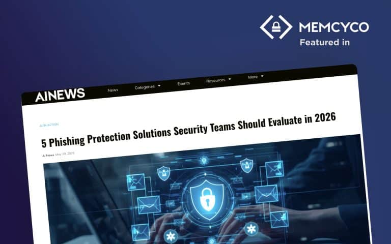 A digital article titled “AI News: 5 Phishing Protection Solutions Security Teams Should Evaluate in 2026” is displayed on a monitor, with cybersecurity icons overlayed.