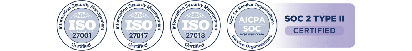 Four certification badges—ISO 27001, ISO 27017, ISO 27018, and SOC 2 Type II—demonstrate information security and data protection compliance. As a core feature of the Memcyco product, these certifications reflect our commitment to moving fraud protection upstream.