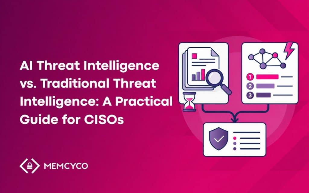 Text graphic with the title “AI Threat Intelligence vs. Traditional Threat Intelligence: A Practical Guide for CISOs” and icons of documents, charts, a shield, and a magnifying glass—illustrating how AI threat intelligence is transforming modern cybersecurity strategies.